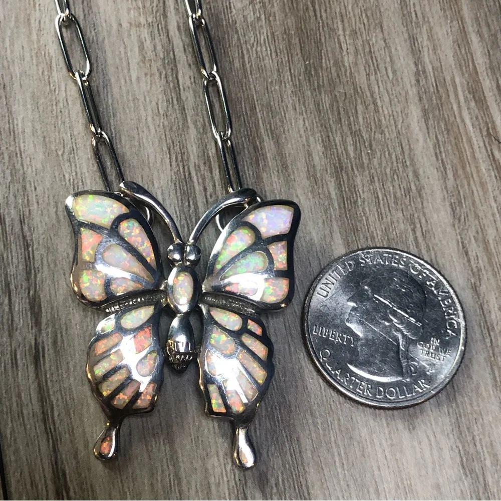 White Fire Opal Silver Butterfly Necklace - Picture 5 of 9